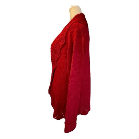 Tweeds Waterfall Cardigan Sweater Red Open Knit Long‎ Sleeve Yoke Collar XL - Picture 3 of 8